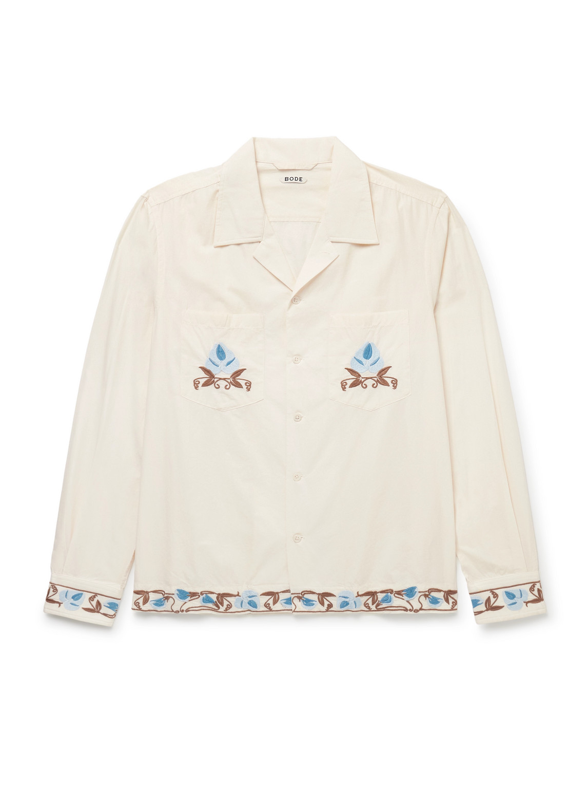 Bode Nouveau Vine Camp-collar Embroidered Cotton-poplin Shirt In White