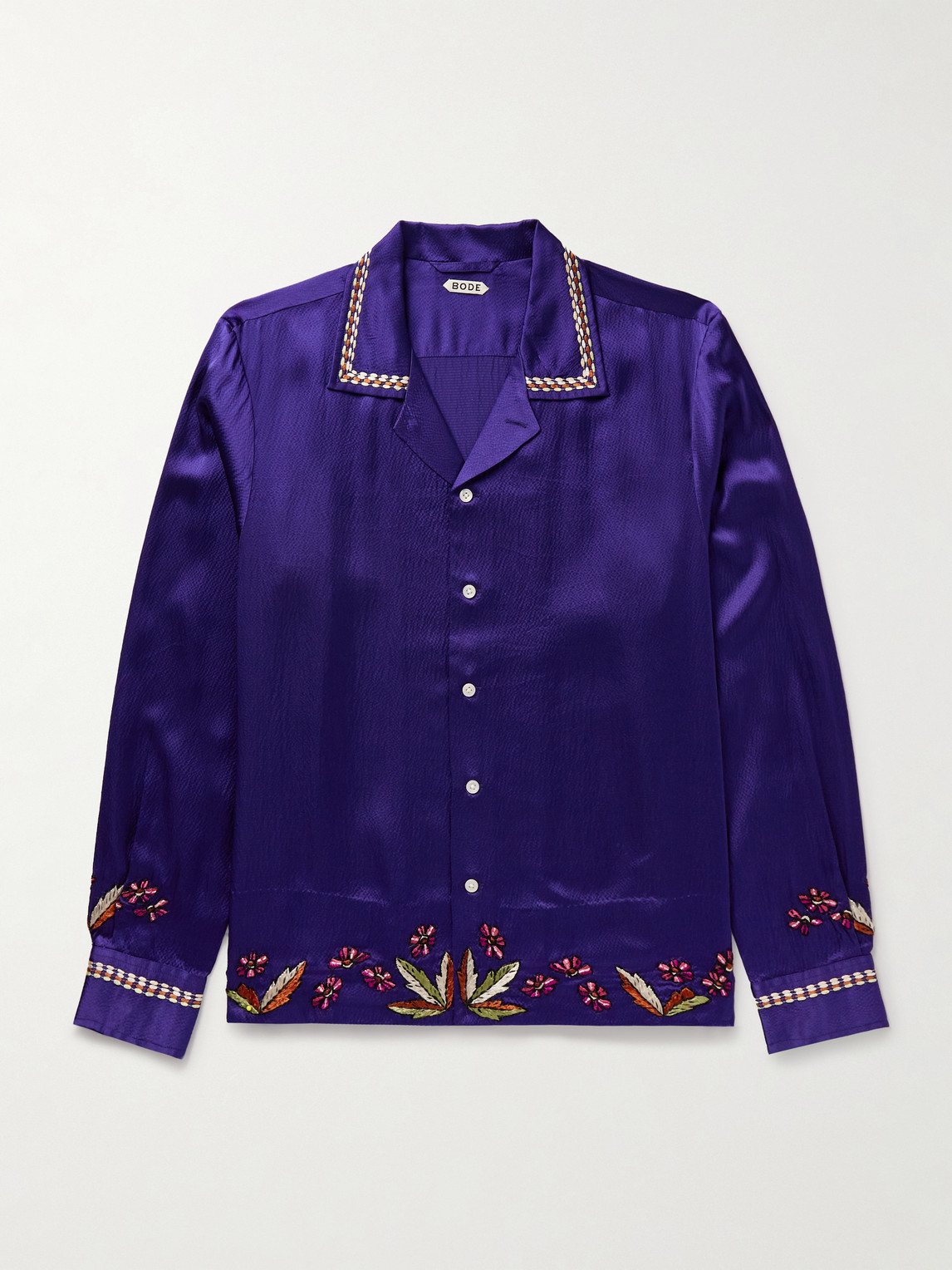 Bode Dream Souvenir Camp-collar Embroidered Hammered-silk Shirt In Purple