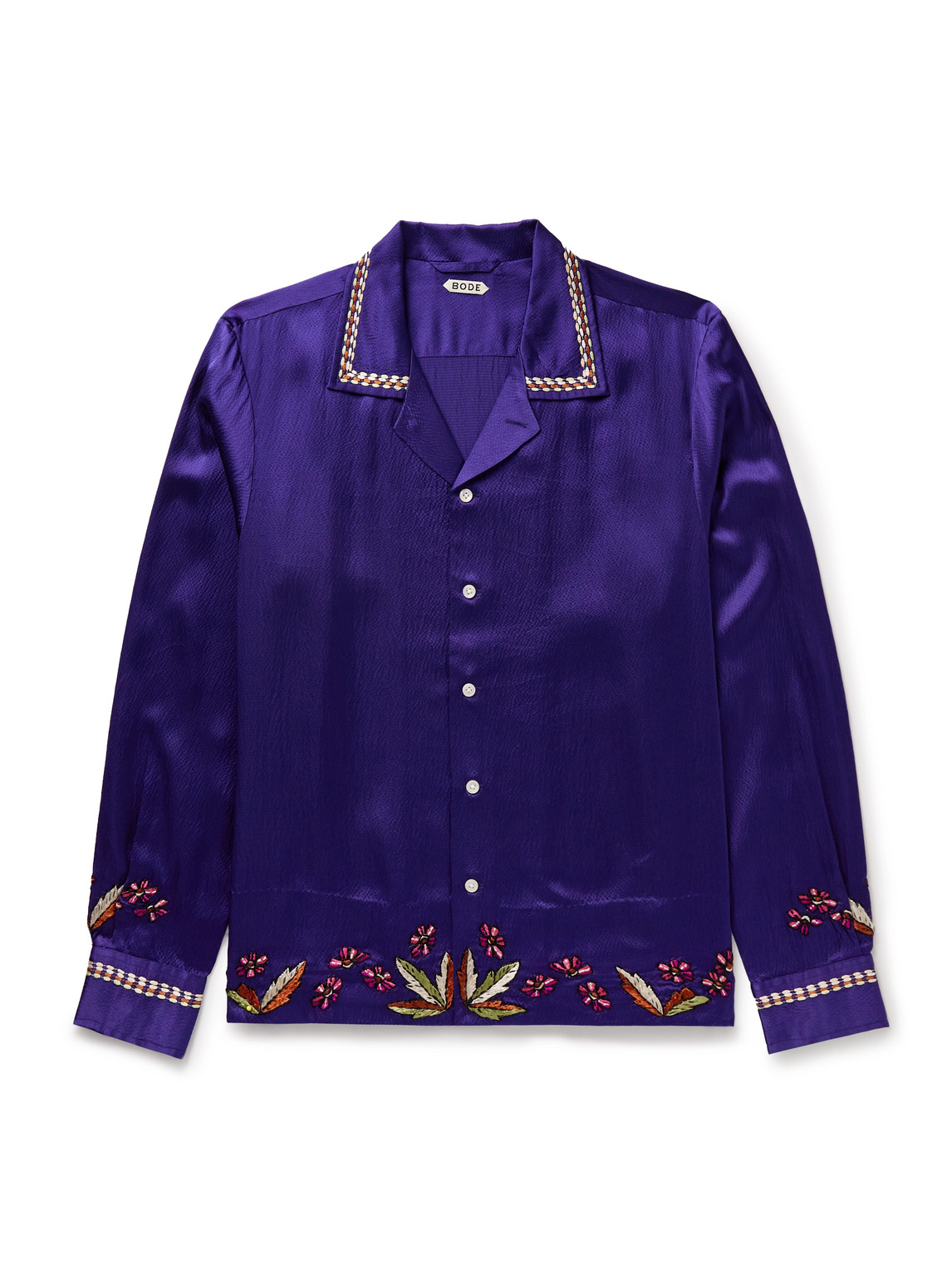 Bode Dream Souvenir Camp-collar Embroidered Hammered-silk Shirt In Purple
