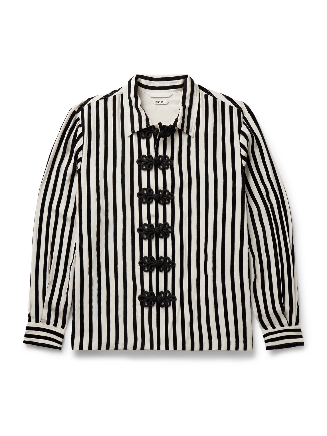 Bode Bannister Appliquéd Velvet-trimmed Striped Silk Shirt In White