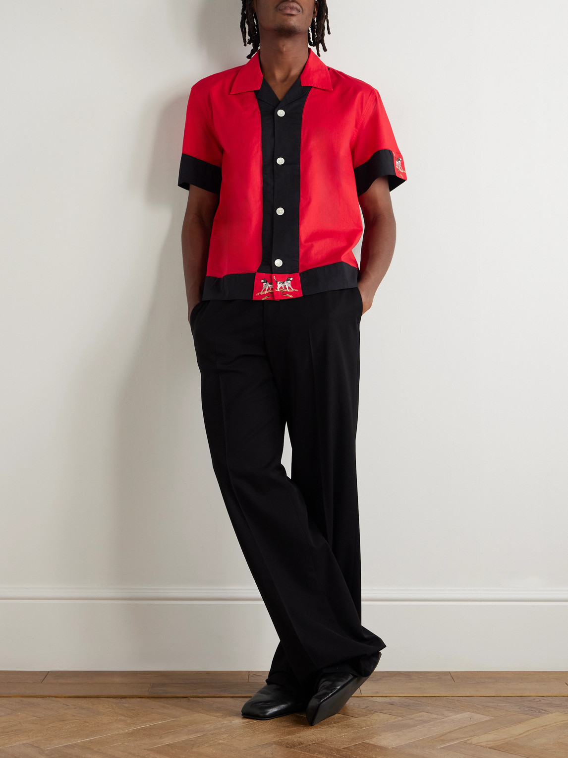 Bode Camp-collar Embroidered Two-tone Cotton Shirt In Multi