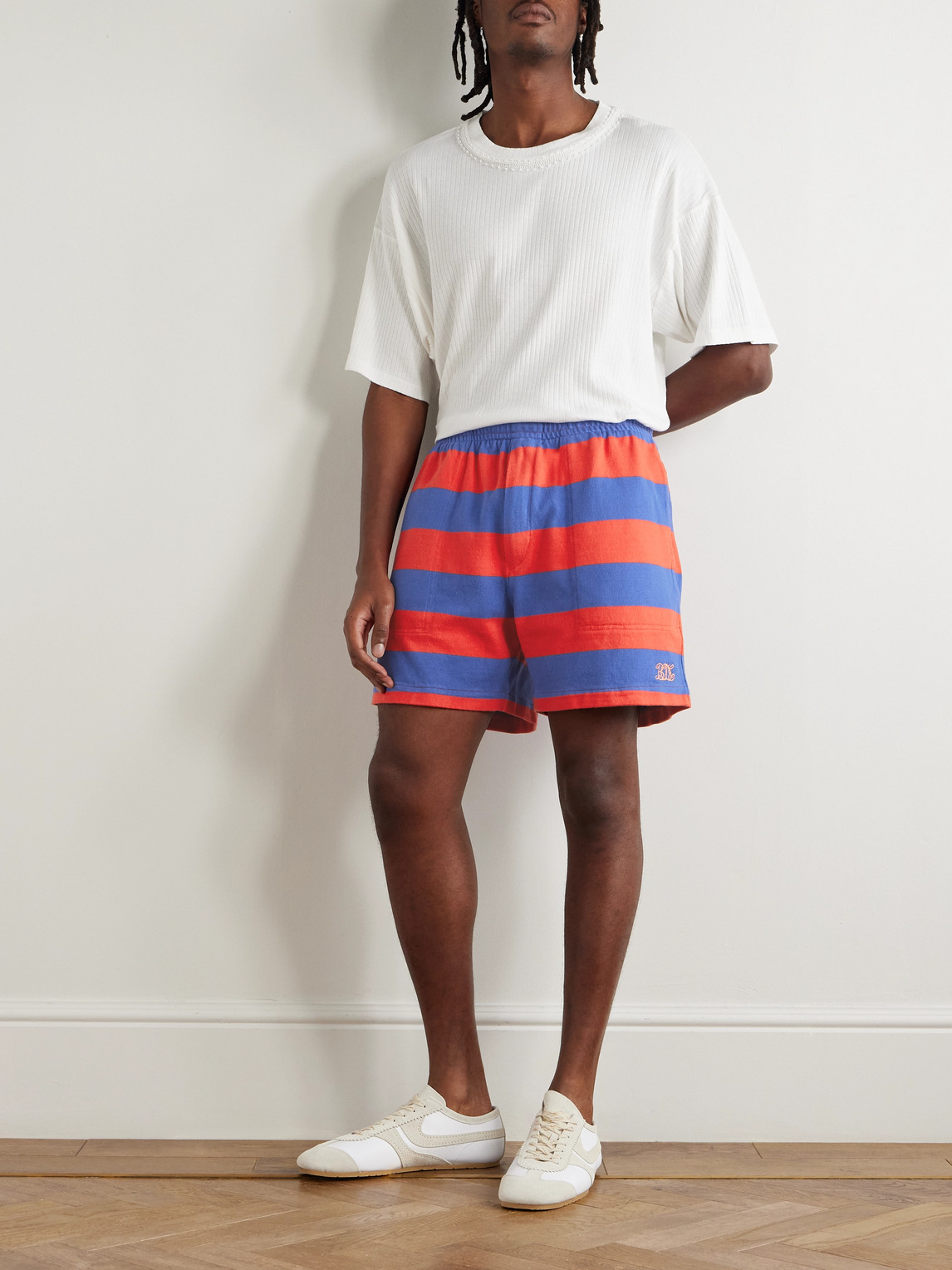 Bode Clubhouse Wide-leg Logo-embroidered Striped Cotton-jersey Shorts In Multi