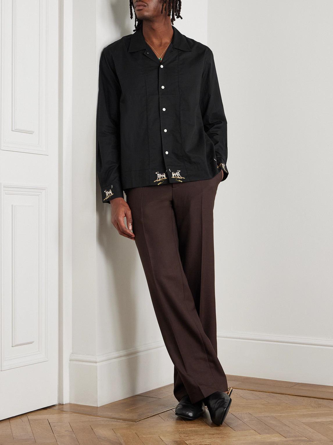 Bode Pointer Camp-collar Embroidered Cotton Shirt In Black