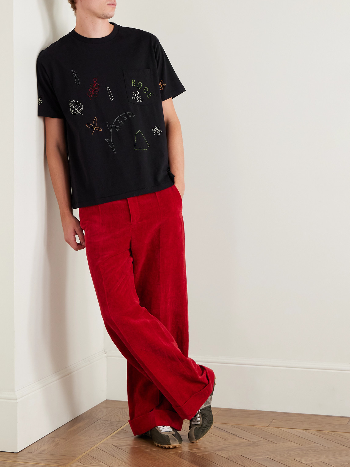 Bode Field Guide Embroidered Cotton-jersey T-shirt In Black