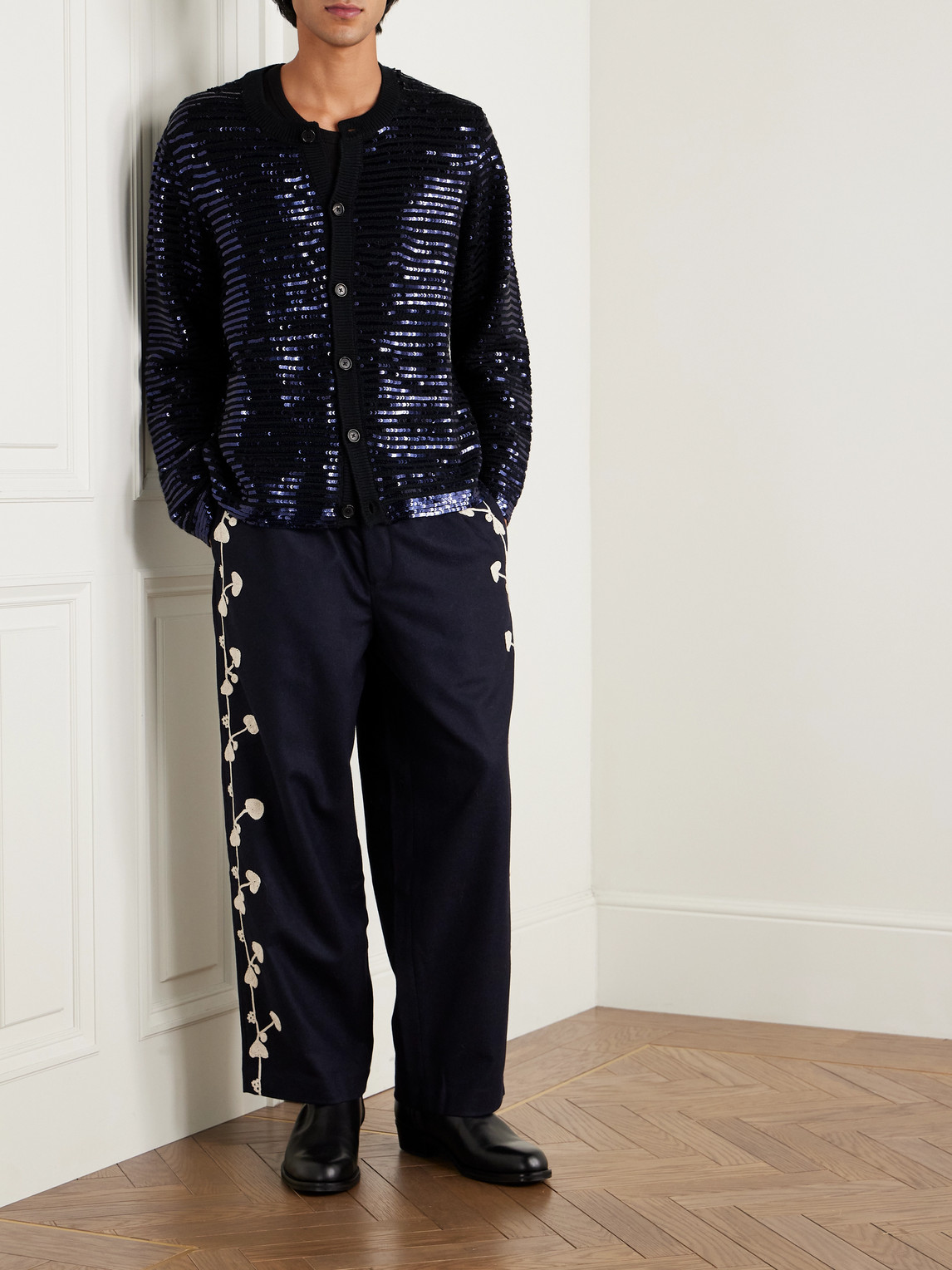 Bode Spotlight Sequinned Virgin Wool Cardigan In Blue