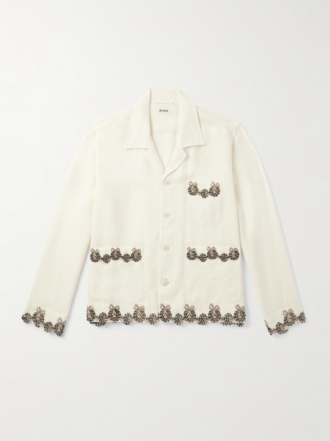 BODE Laurelist Camp-Collar Logo-Embroidered Appliquéd Wool-Flannel Overshirten