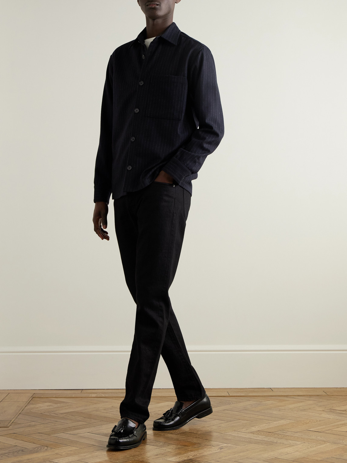 Nn07 Freddy 1630 Pinstriped Recycled-wool-blend Overshirt In Black