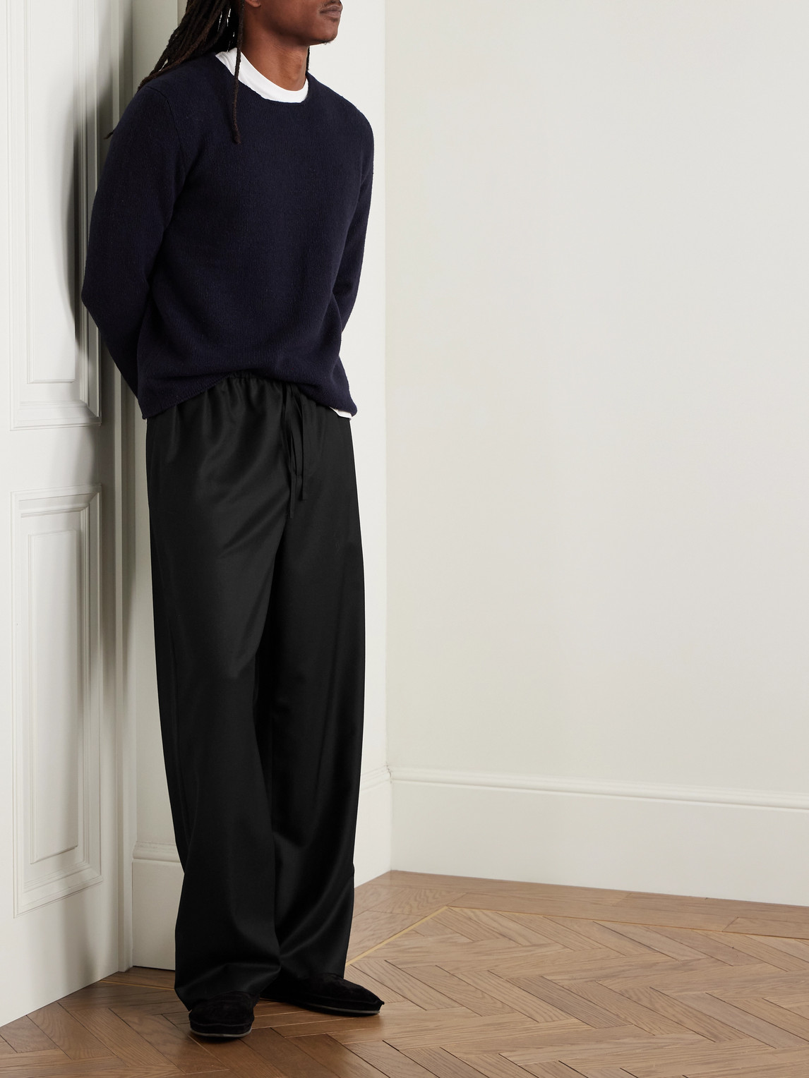 The Row Xon Straight-leg Virgin Wool-flannel Drawstring Trousers In Black