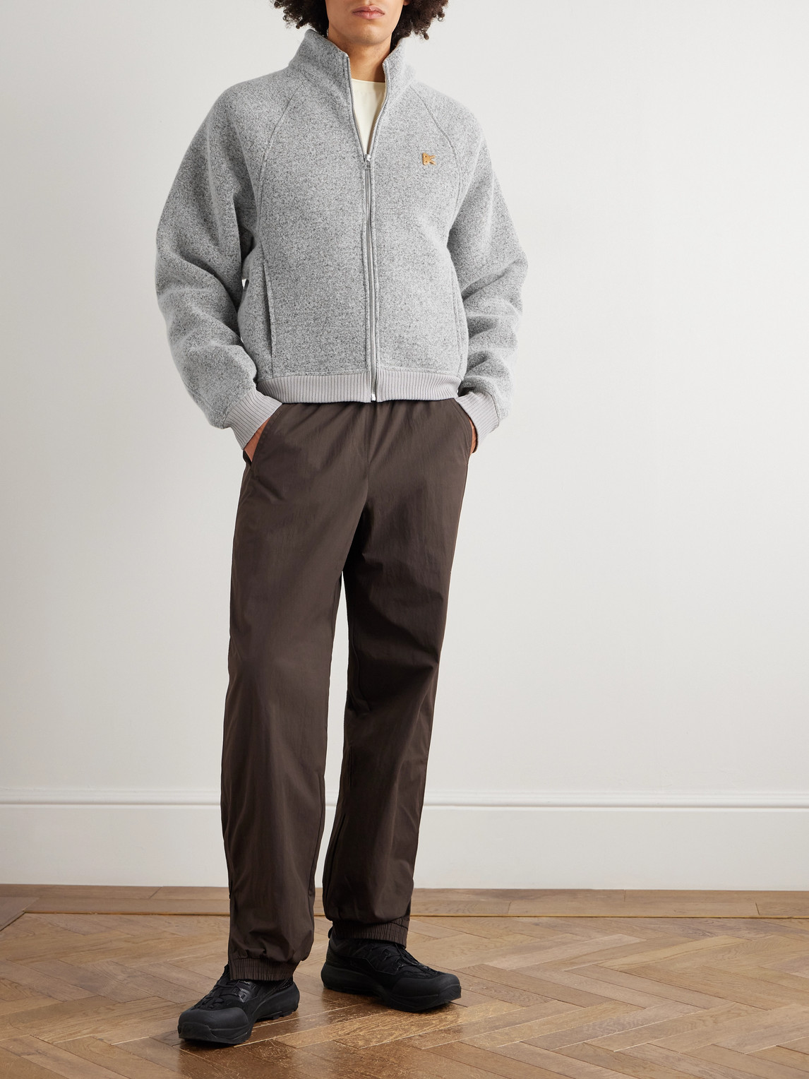 District Vision Logo-appliquéd Wool-blend Zip-up Sweater In Gray
