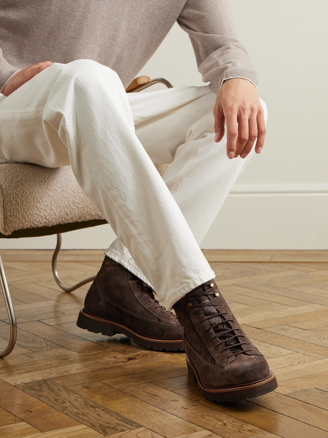 Brunello Cucinelli Brown Suede Boots With Lace-up Fastening In Brown