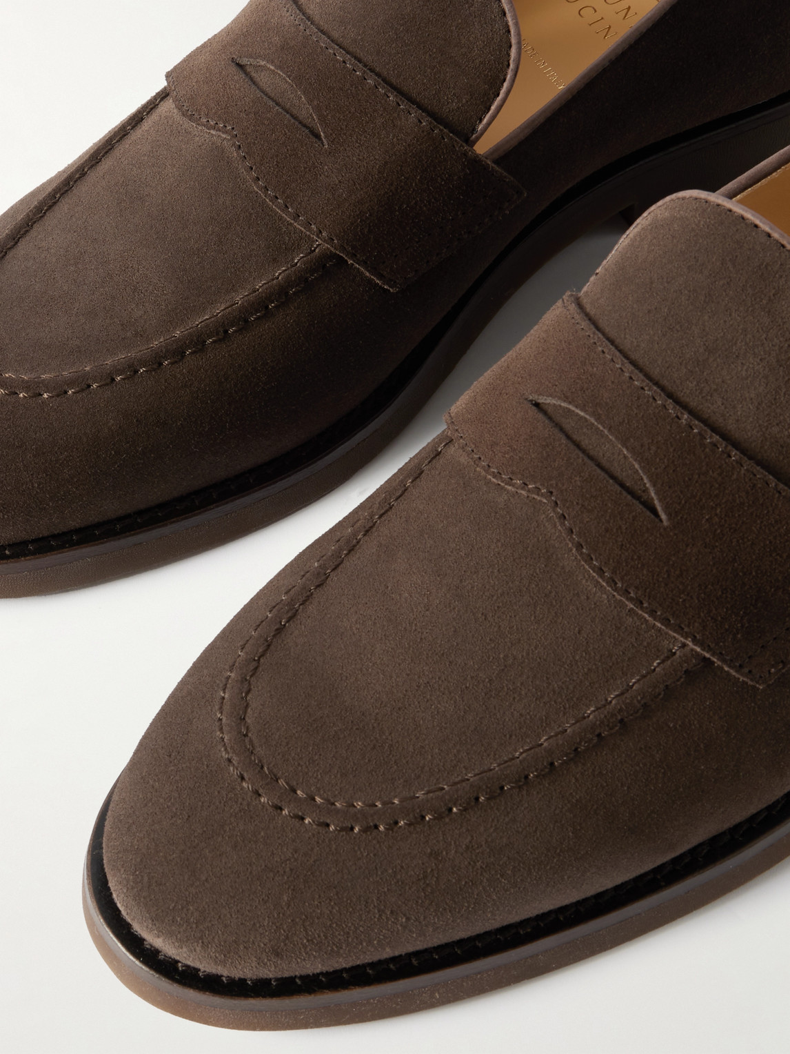 Brunello Cucinelli Leather-trimmed Suede Penny Loafers In Brown