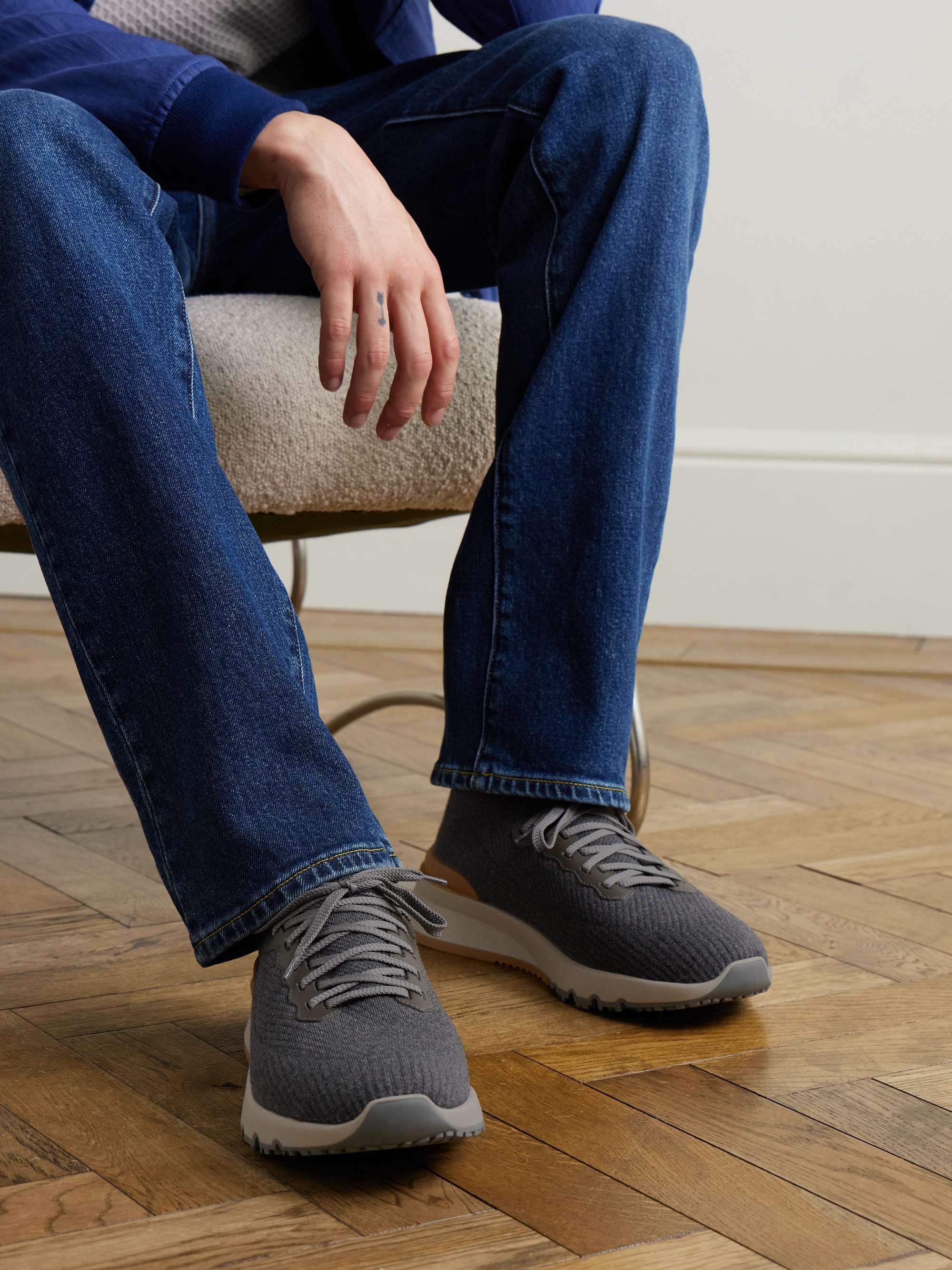 BRUNELLO CUCINELLI Leather-Trimmed Stretch-Knit Sneakers