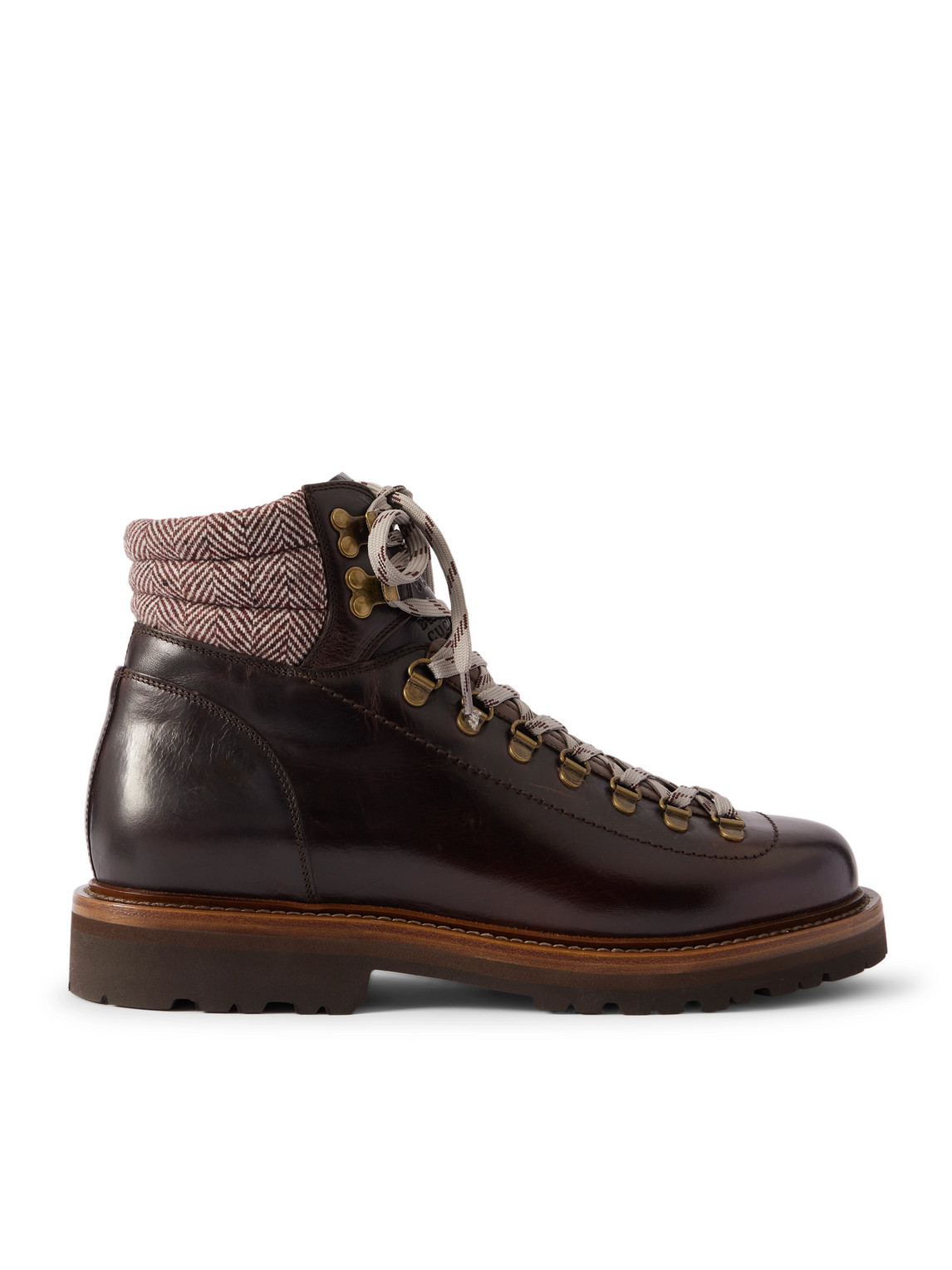 Brunello Cucinelli Wool And Cashmere-blend Trimmed Glossed-leather Boots In Burgundy