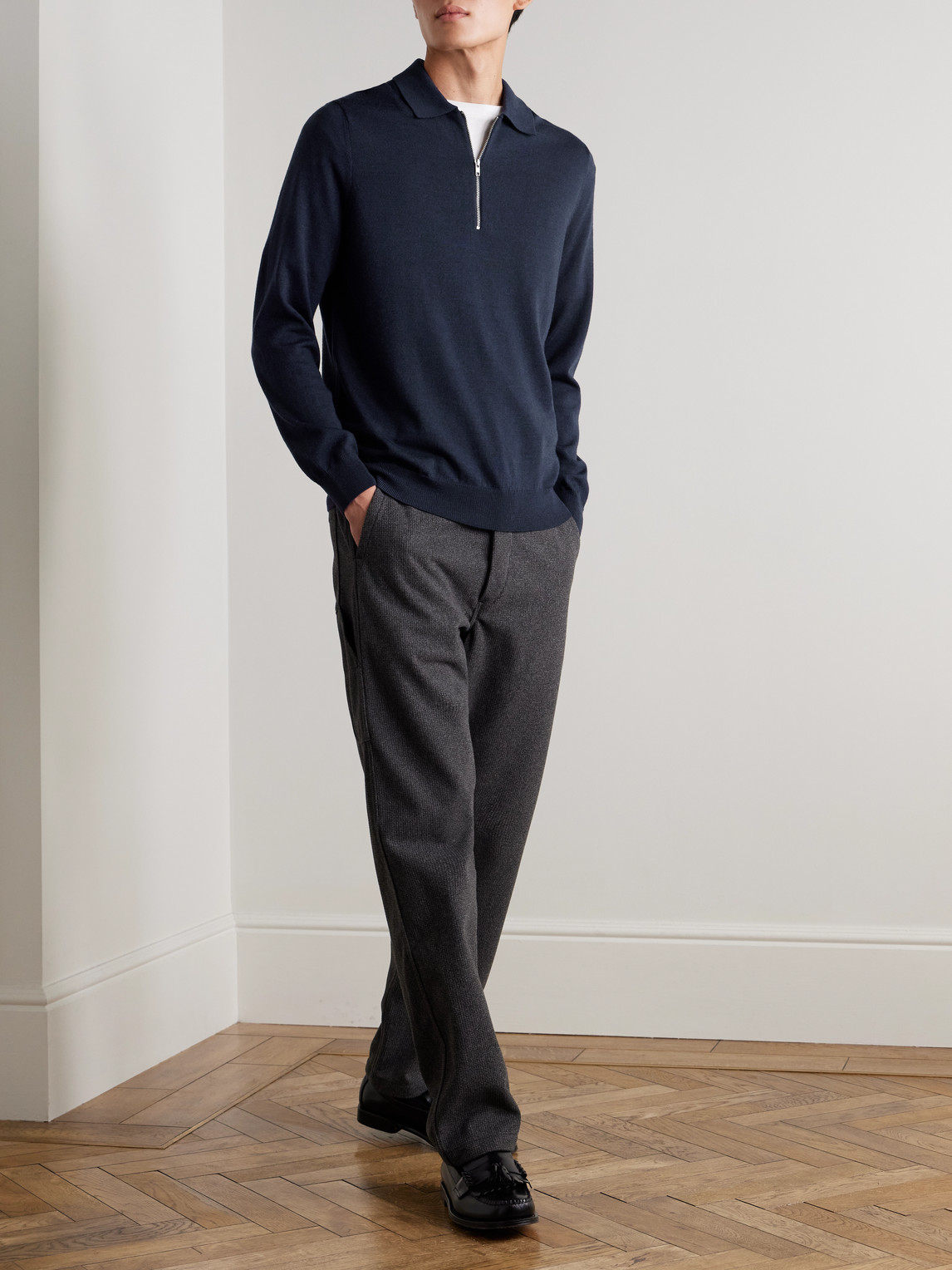 Nn07 Sergio 6605 Merino Wool Half-zip Polo Shirt In Blue