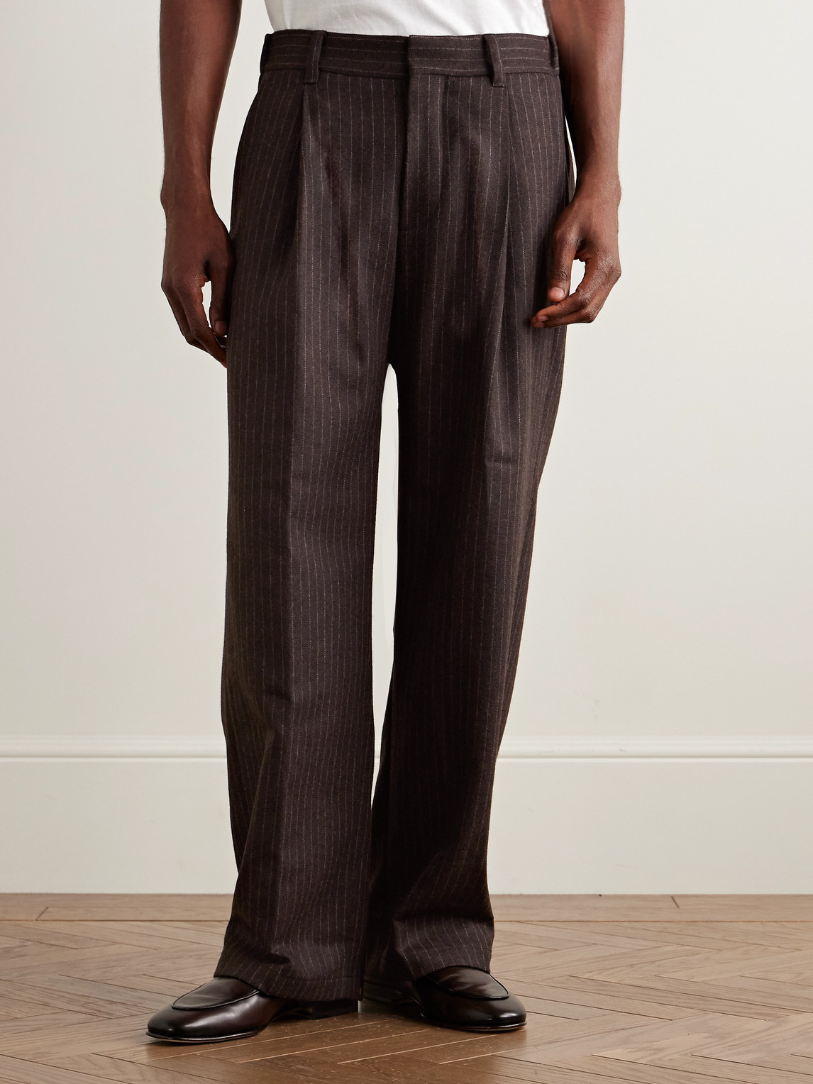 Nn07 Kay 1630 Straight-leg Pleated Striped Recycled Wool-blend Felt Trousers In Brown