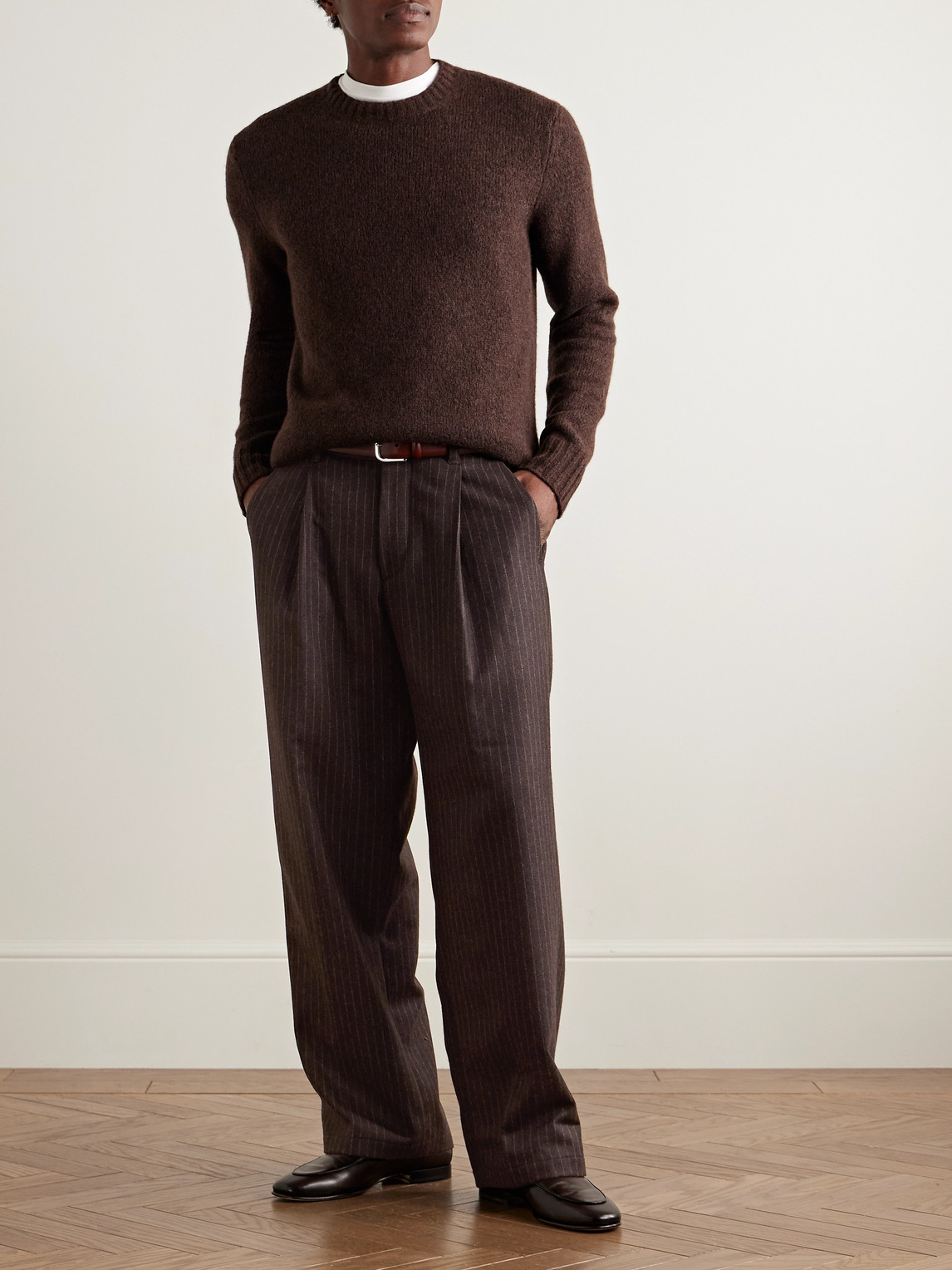 Nn07 Kay 1630 Straight-leg Pleated Striped Recycled Wool-blend Felt Trousers In Brown