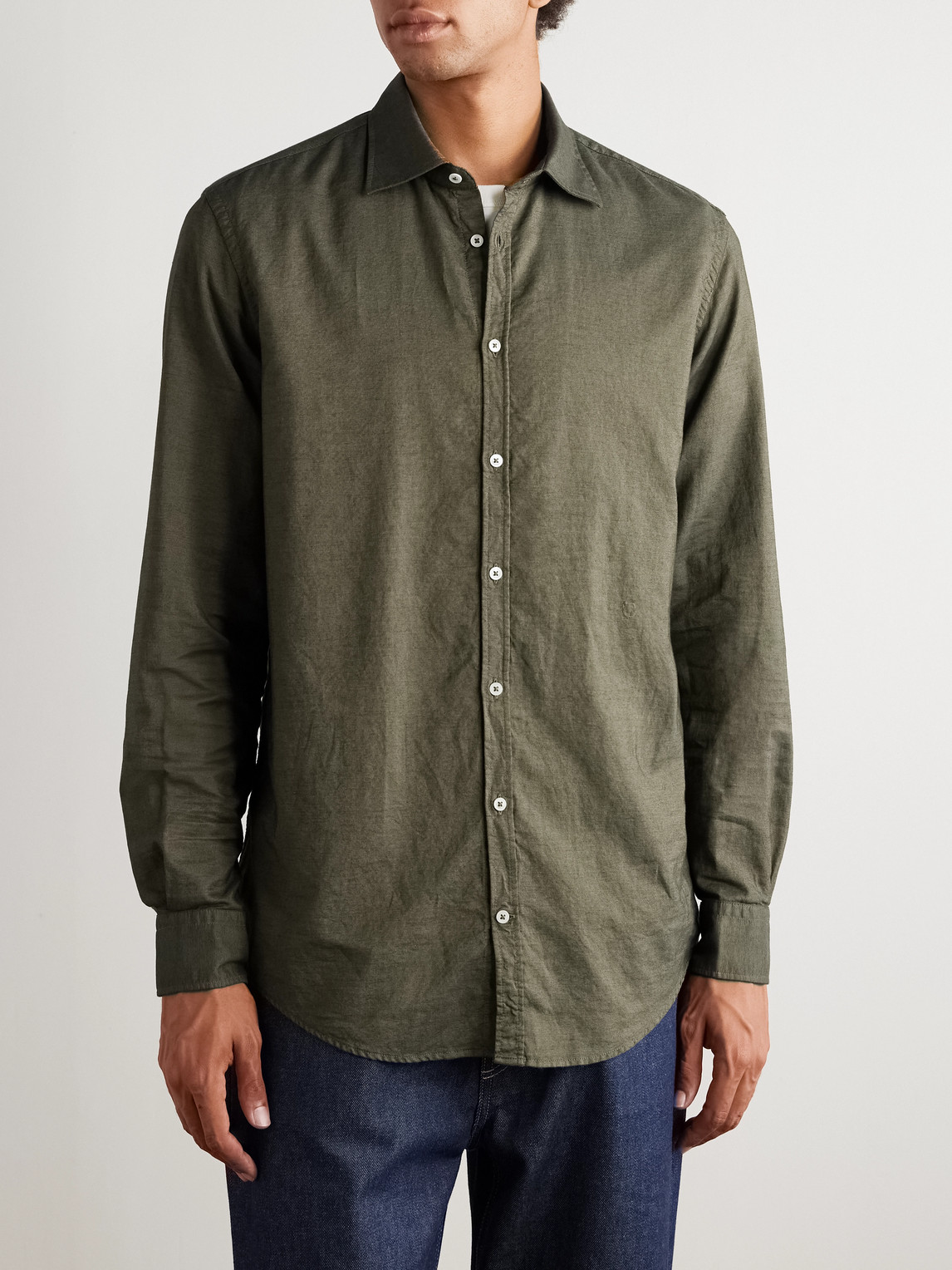 Massimo Alba Genova Cutaway-collar Cotton-chambray Shirt In Green