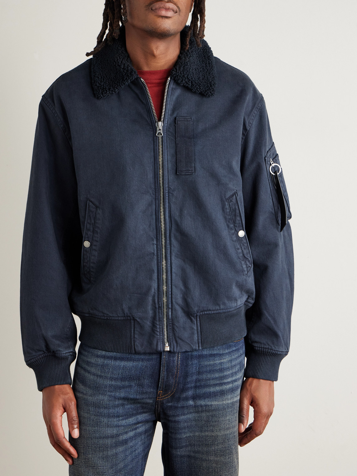 Rag & Bone Fleece-trimmed Denim Bomber Jacket In Blue