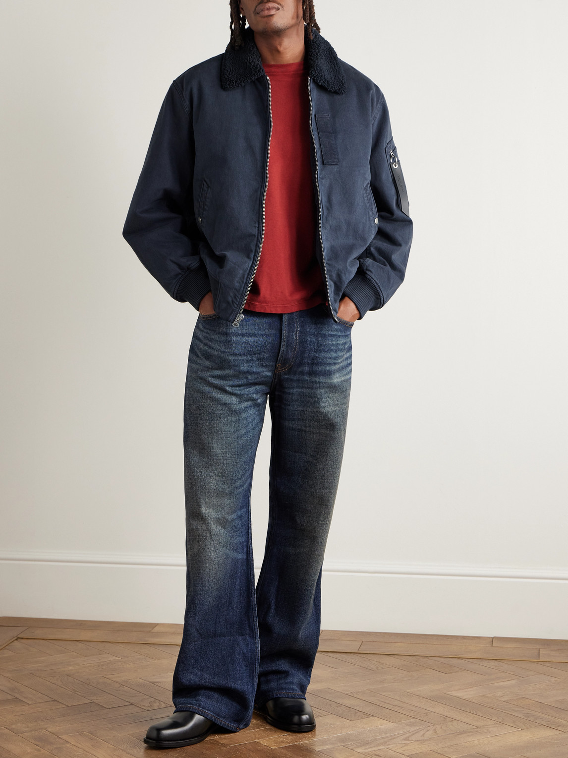 Rag & Bone Fleece-trimmed Denim Bomber Jacket In Blue