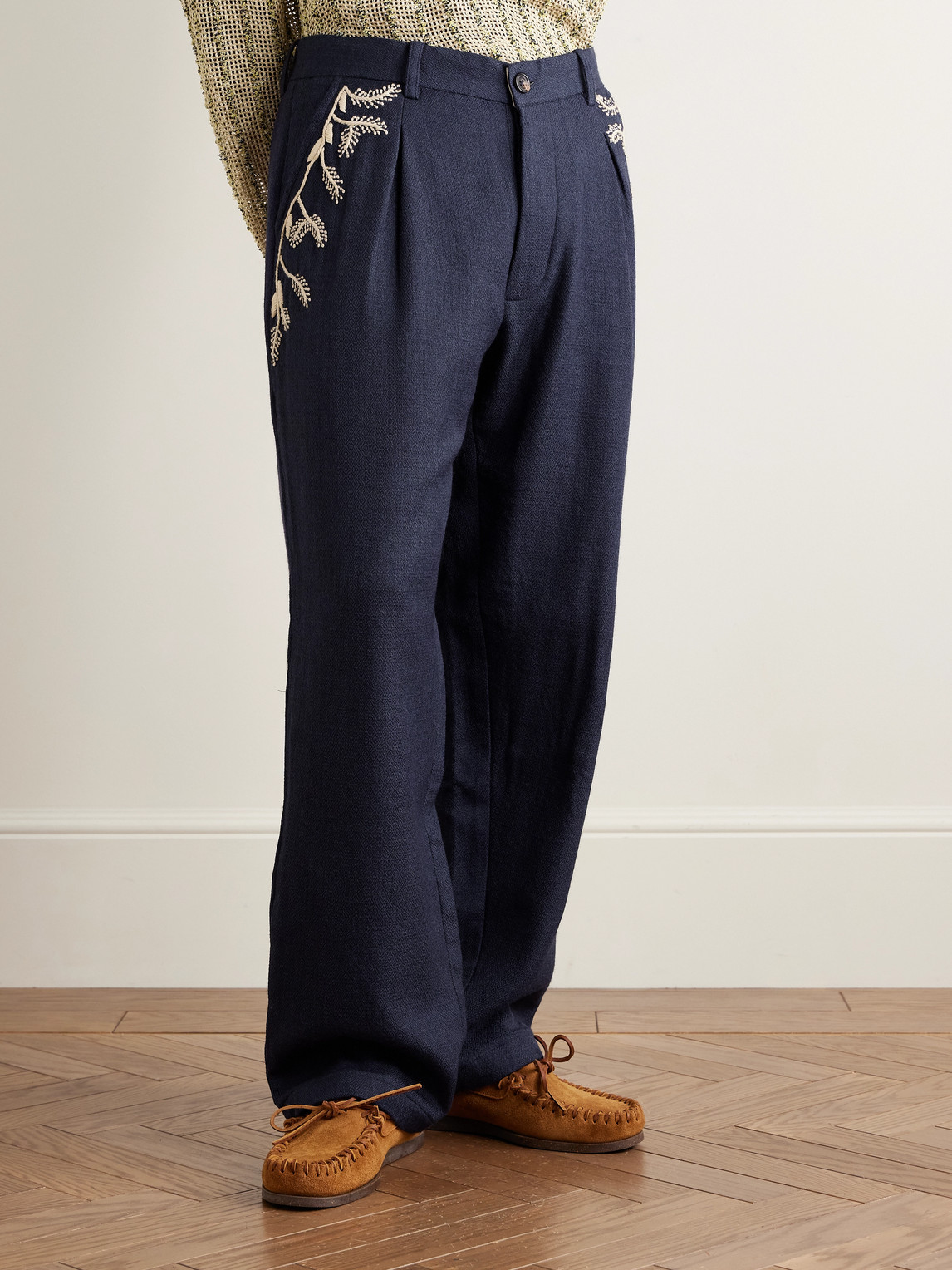 Kartik Research Mens Pleated Embroidered Wool Trousers In Blue