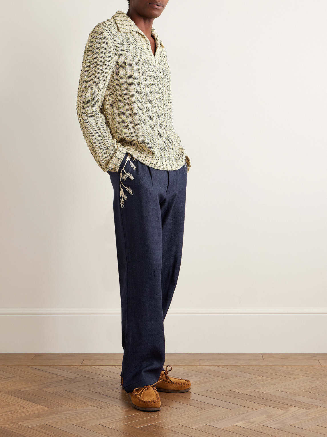 Kartik Research Mens Pleated Embroidered Wool Trousers In Blue