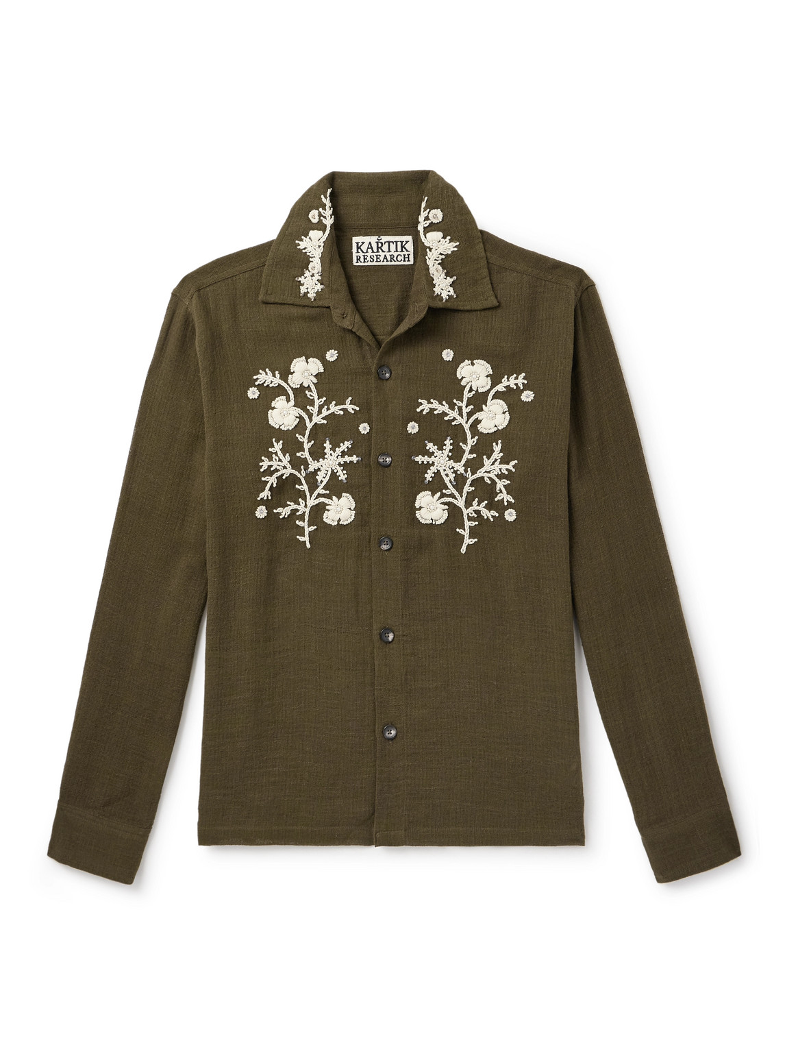 Kartik Research Embroidered Faux-pearl Cotton Shirt In Green