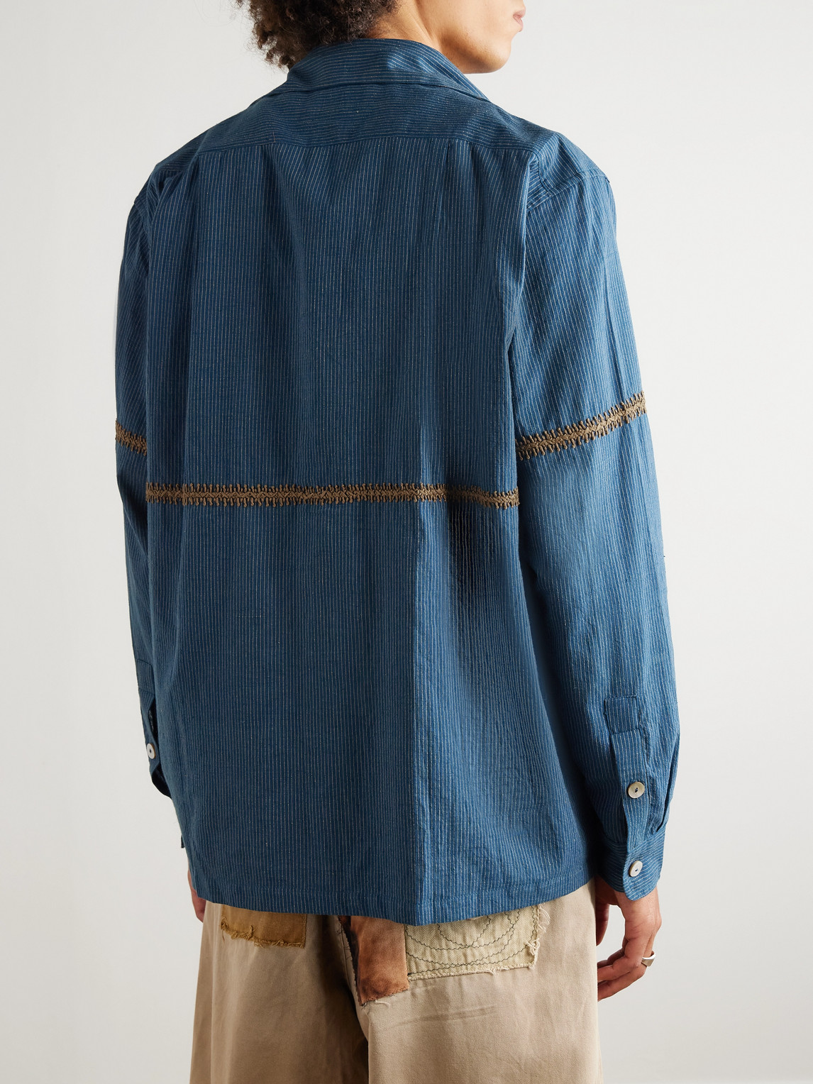 Kartik Research Rabari Embroidered Pinstriped Cotton Shirt In Blue