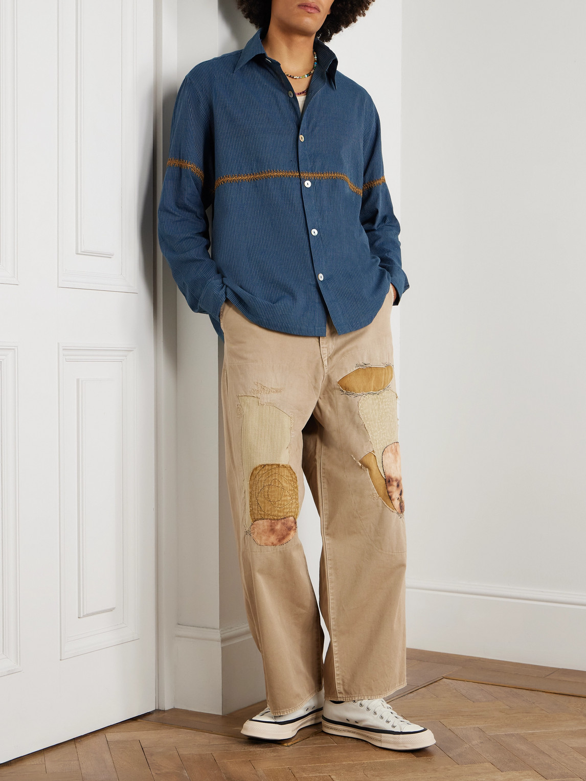 Kartik Research Rabari Embroidered Pinstriped Cotton Shirt In Blue