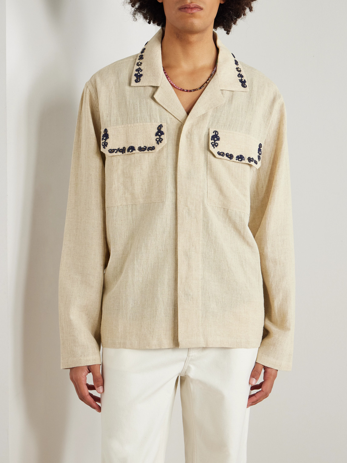  Kartik Research - Camp-collar Embellished Embroidered Cotton Shirt - Men - Neutrals - M 