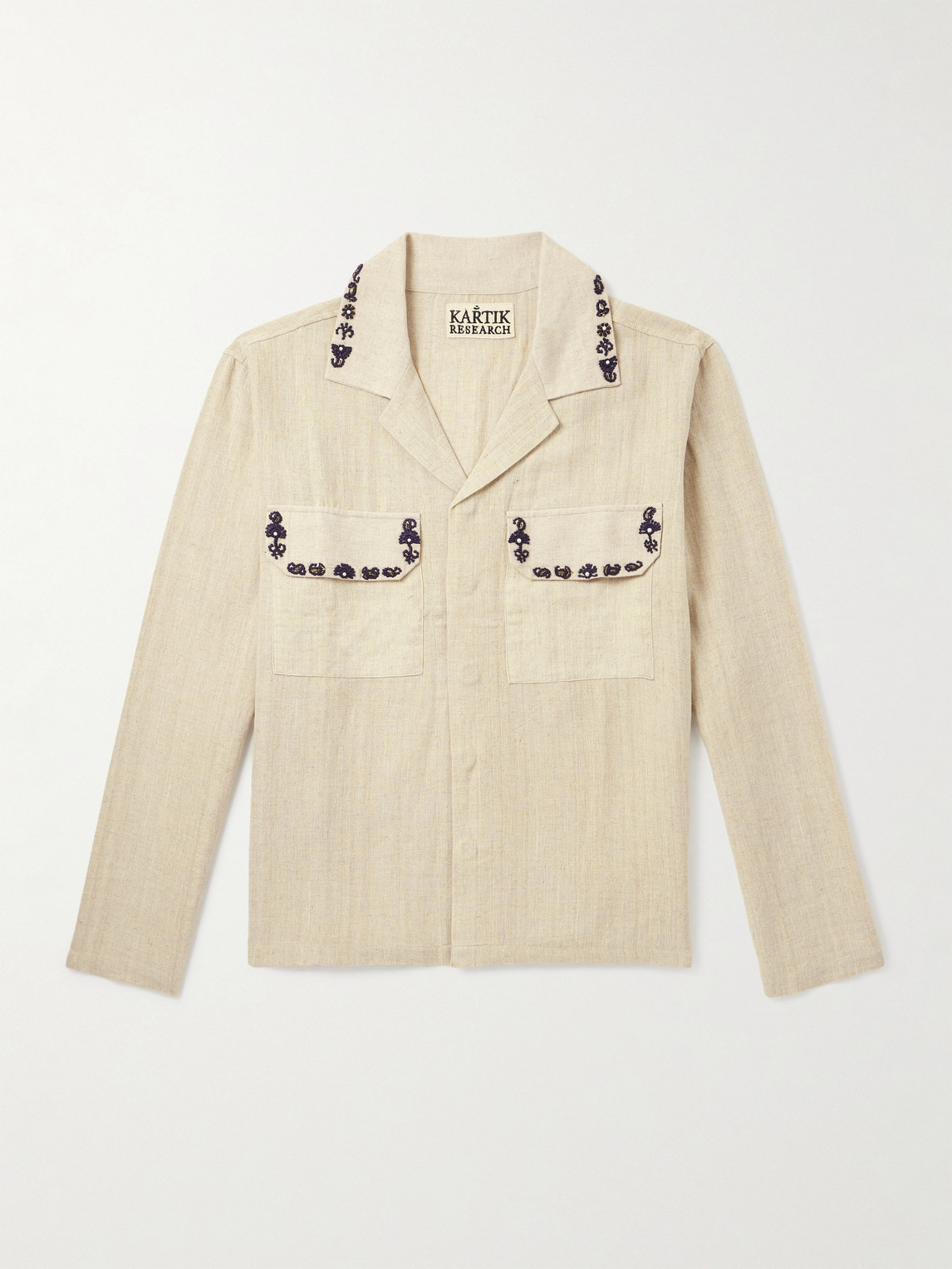 Kartik Research Camp-collar Embellished Embroidered Cotton Shirt In Neutral