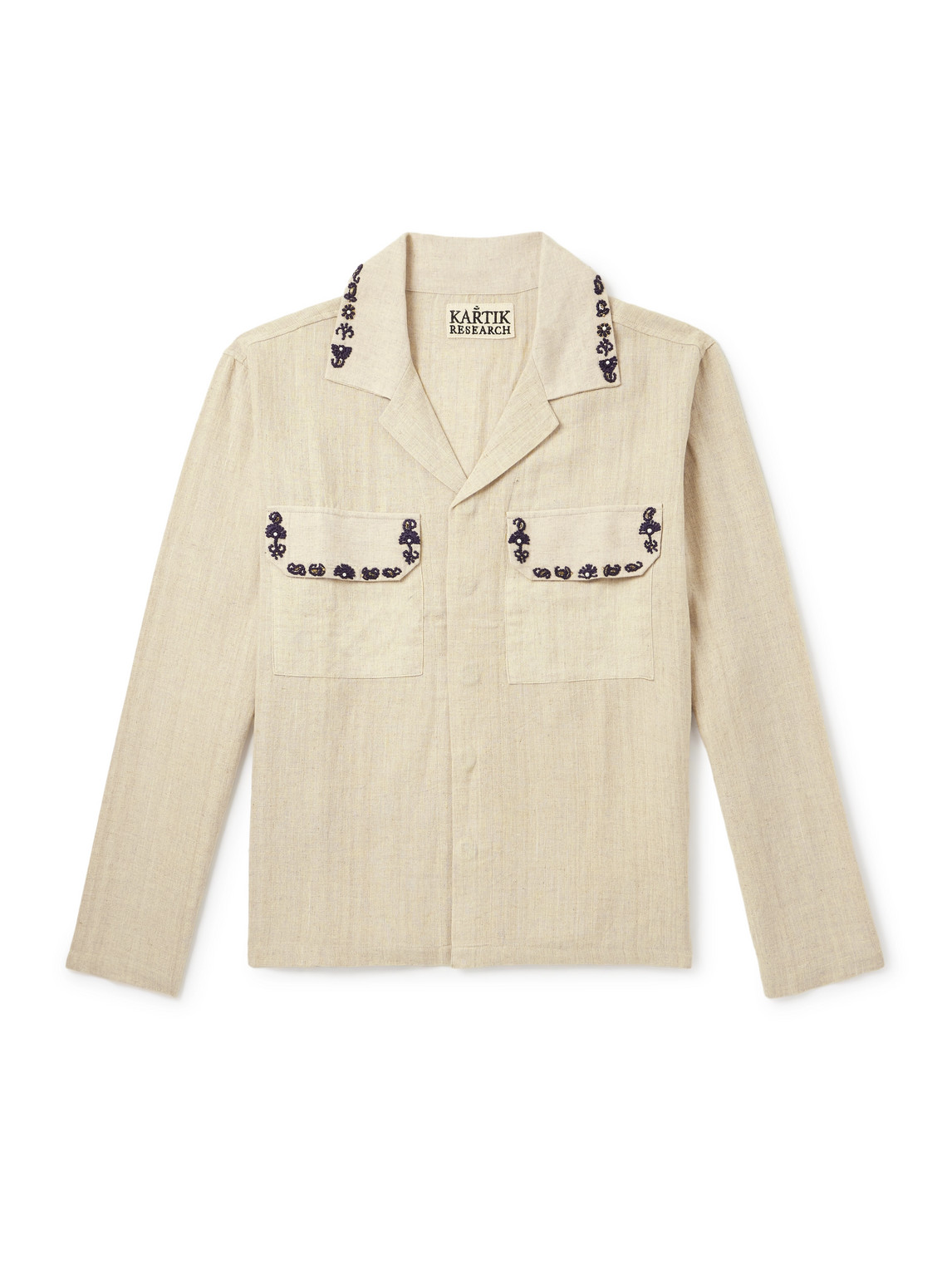 Kartik Research Camp-collar Embellished Embroidered Cotton Shirt In Neutral