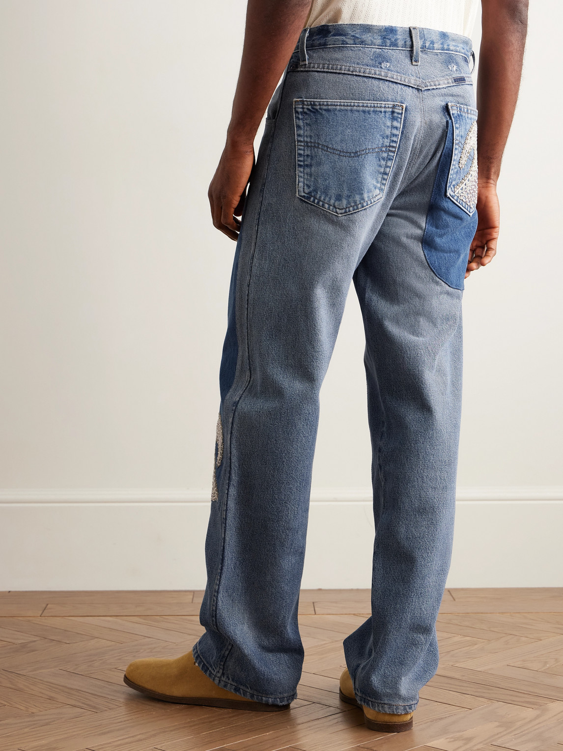 Kartik Research Chikankari Straight-leg Embellished Panelled Jeans In Blue