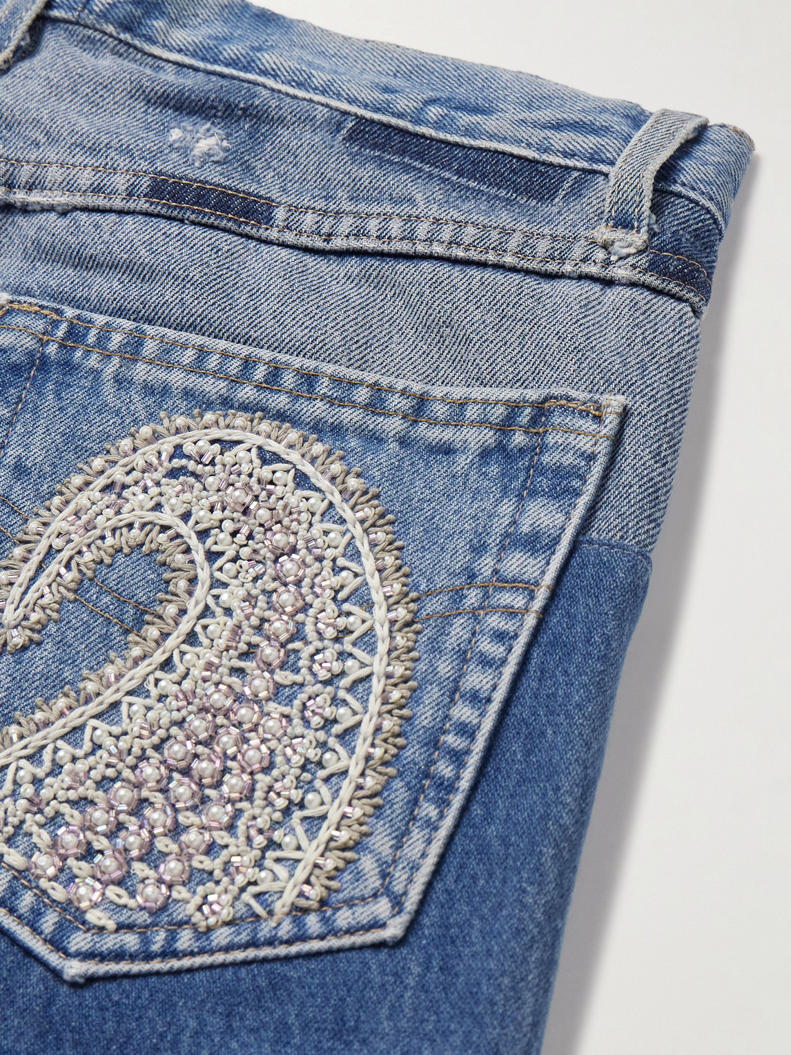 Kartik Research Chikankari Straight-leg Embellished Panelled Jeans In Blue