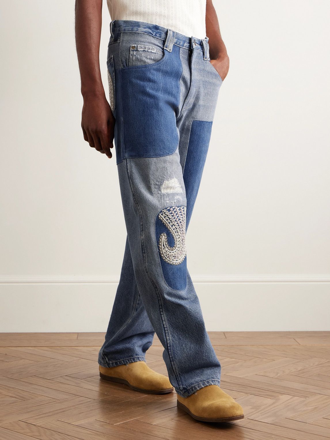 Kartik Research Chikankari Straight-leg Embellished Panelled Jeans In Blue
