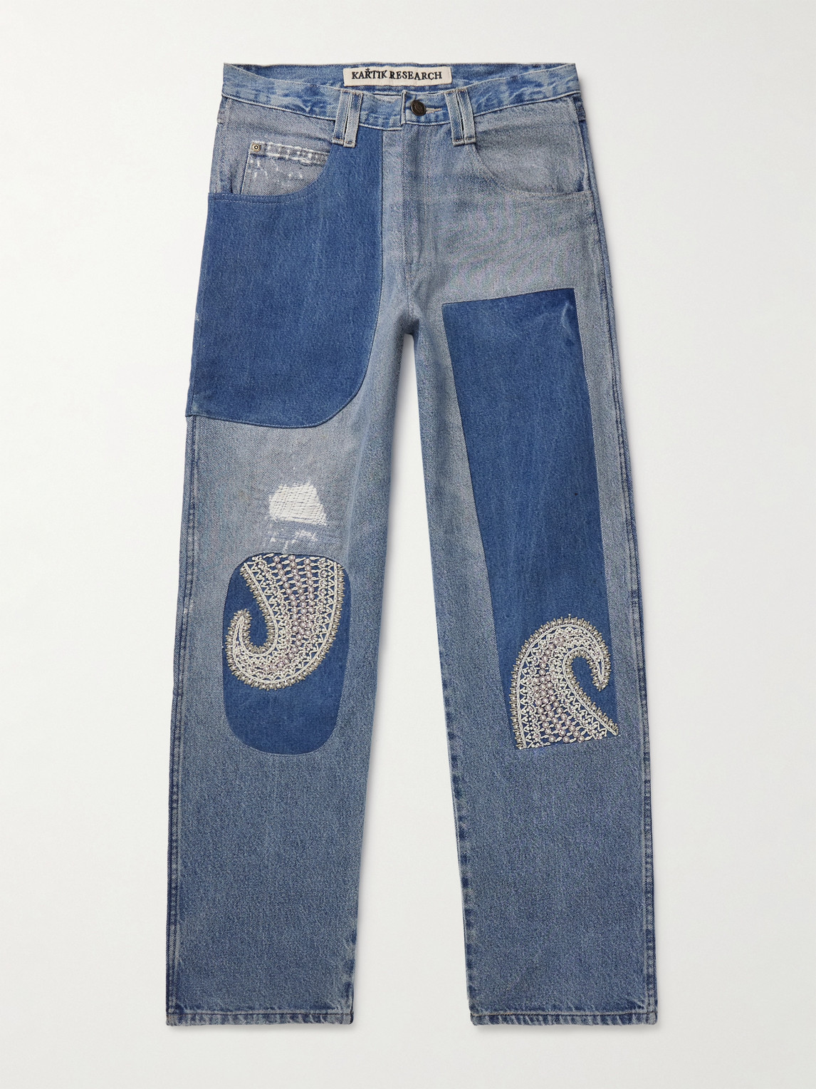 Kartik Research Chikankari Straight-leg Embellished Panelled Jeans In Blue