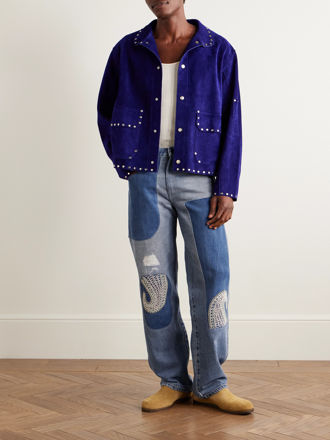 Kartik Research Chikankari Straight-leg Embellished Panelled Jeans In Blue