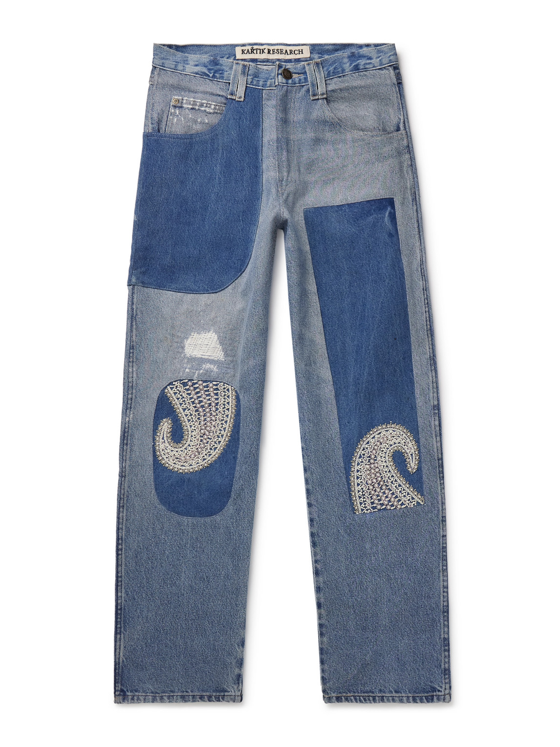 Kartik Research Chikankari Straight-leg Embellished Panelled Jeans In Blue