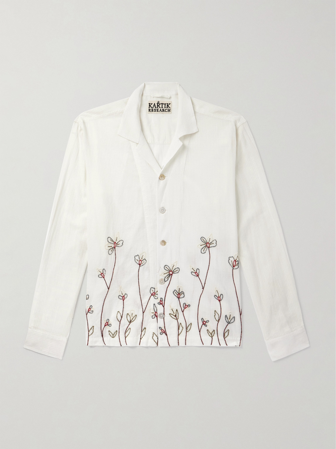 Kartik Research Camp-Collar Bead-Embellished Striped Cotton-Voile Shirt - Men