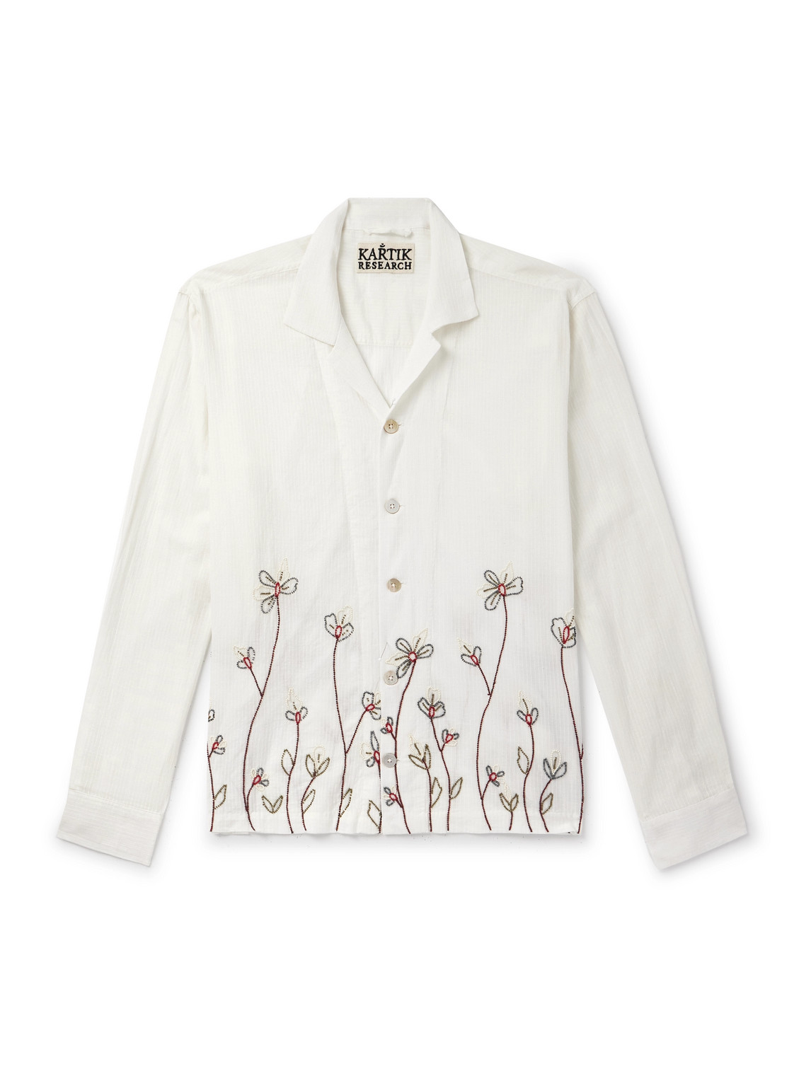 Kartik Research Camp-collar Bead-embellished Striped Cotton-voile Shirt In Gray