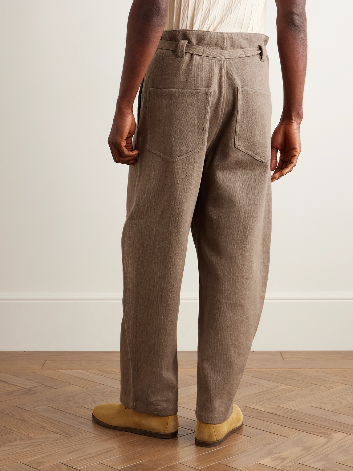 Kartik Research Fauji Belted Embellished Embroidered Cotton-twill Wide-leg Trousers In Brown