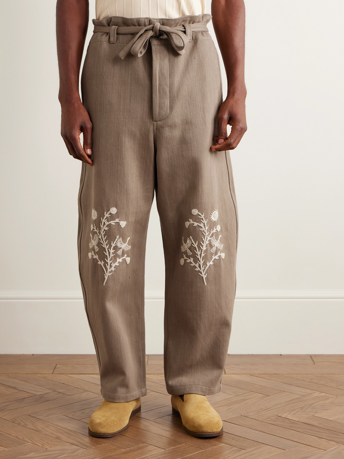 Kartik Research Fauji Belted Embellished Embroidered Cotton-twill Wide-leg Trousers In Brown