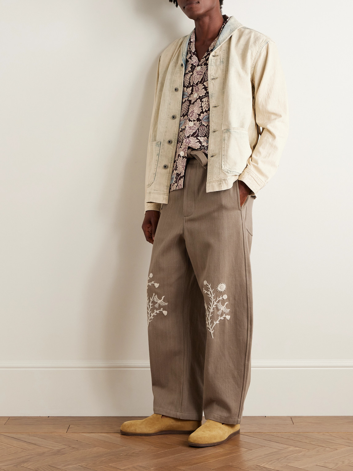 Kartik Research Fauji Belted Embellished Embroidered Cotton-twill Wide-leg Trousers In Brown