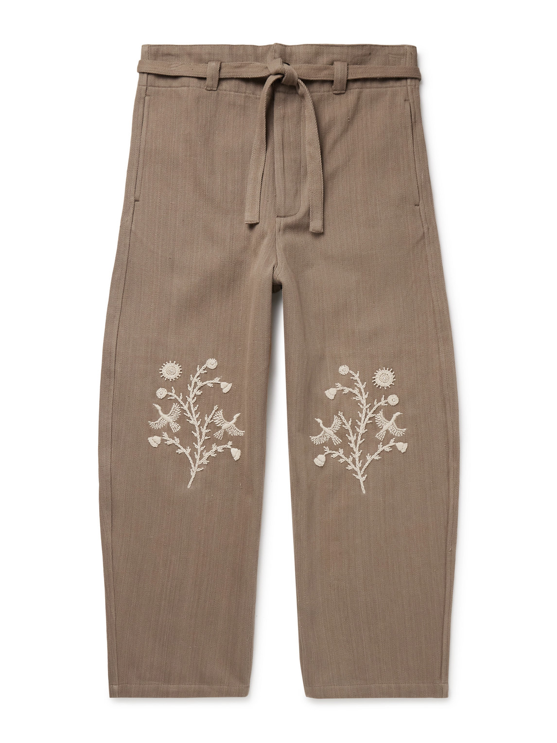 Kartik Research Fauji Belted Embellished Embroidered Cotton-twill Wide-leg Trousers In Brown