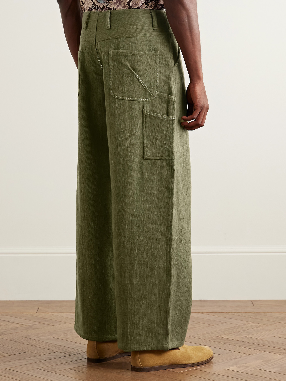 Kartik Research Shaant Wide-leg Pleated Embroidered Cotton-twill Trousers In Green