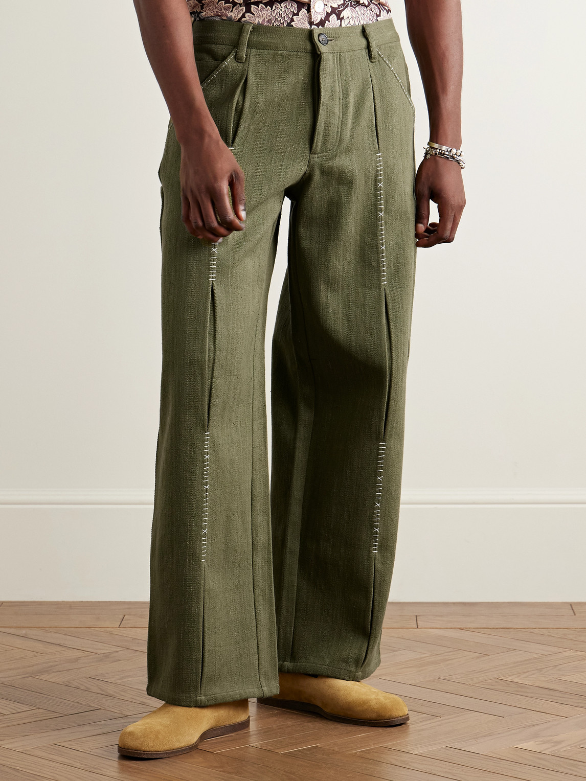Kartik Research Shaant Wide-leg Pleated Embroidered Cotton-twill Trousers In Green