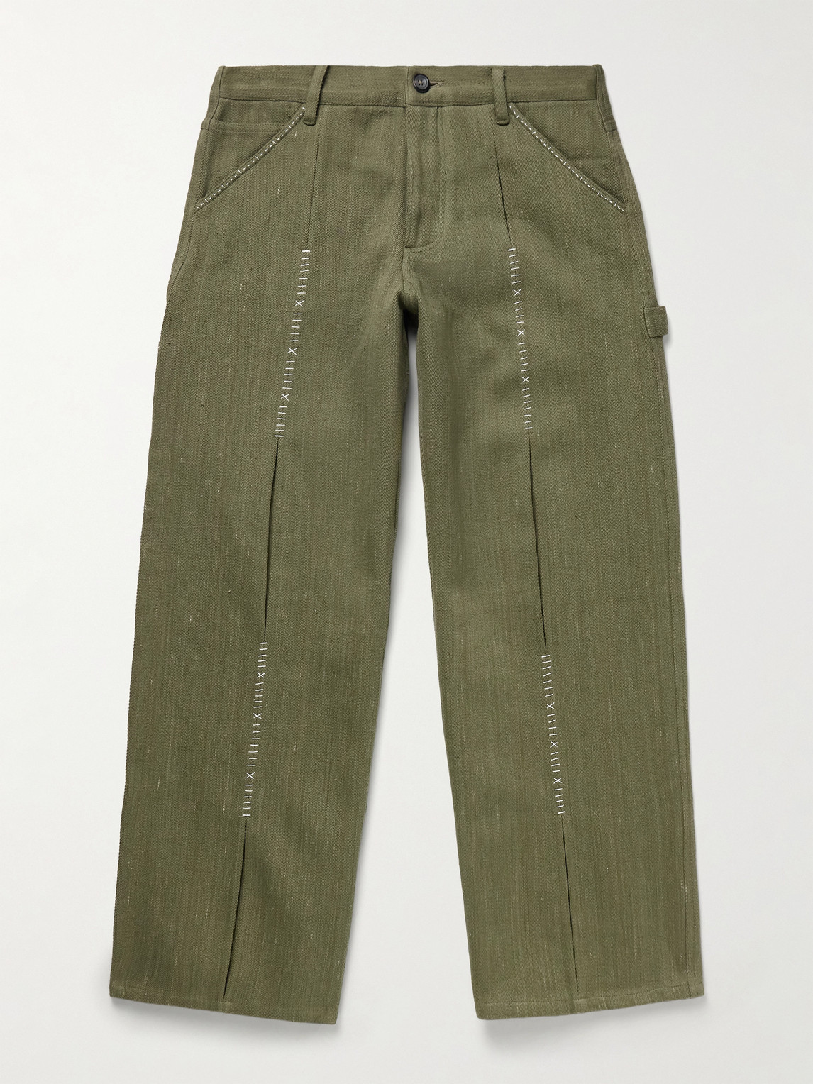 Kartik Research Shaant Wide-leg Pleated Embroidered Cotton-twill Trousers In Green