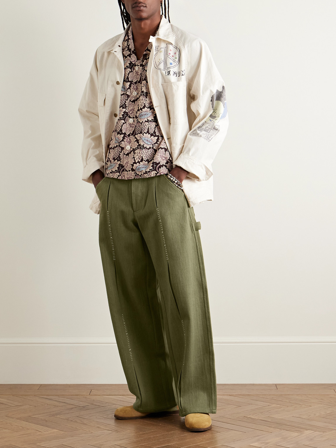 Kartik Research Shaant Wide-leg Pleated Embroidered Cotton-twill Trousers In Green