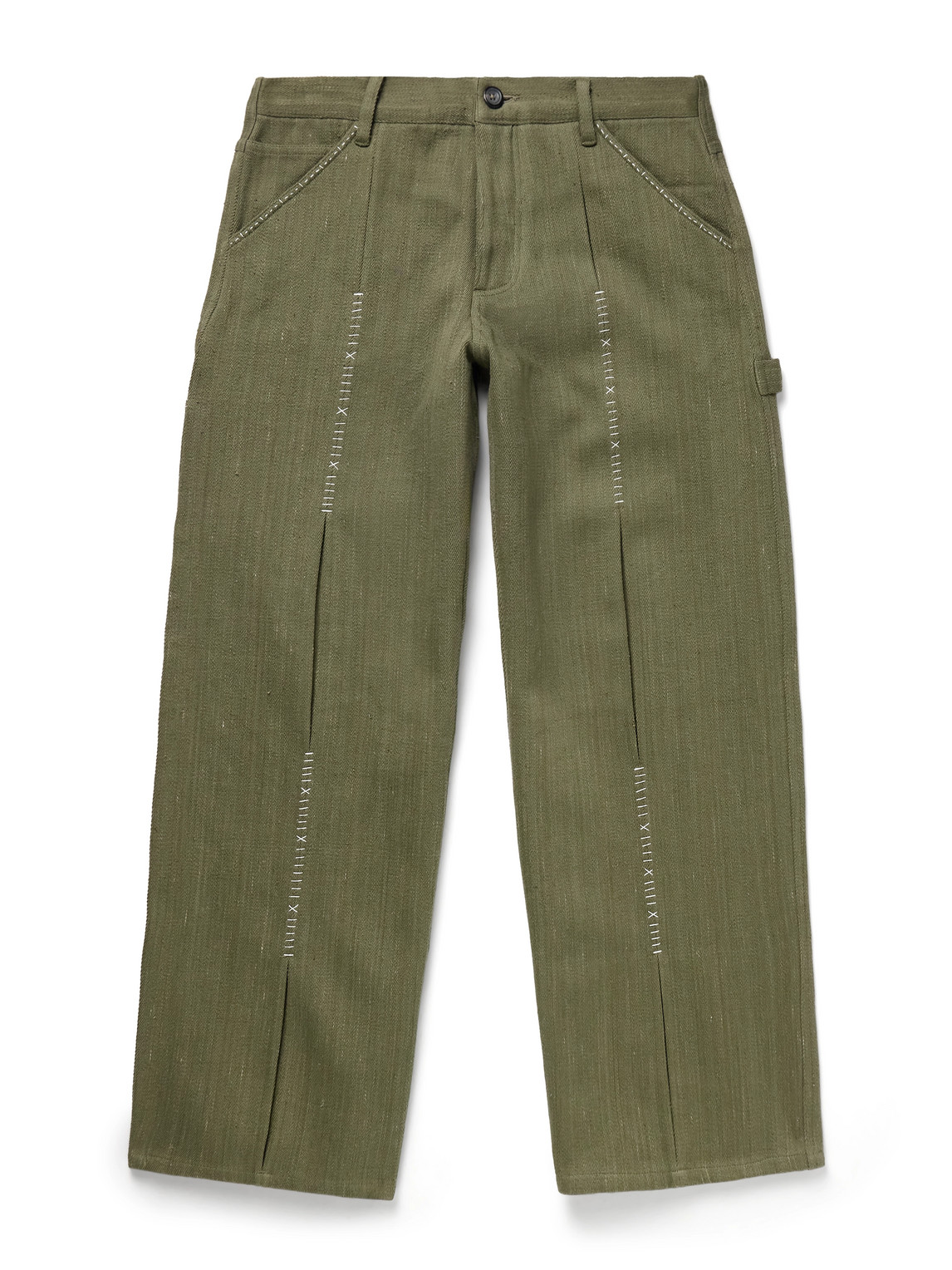Kartik Research Shaant Wide-leg Pleated Embroidered Cotton-twill Trousers In Green