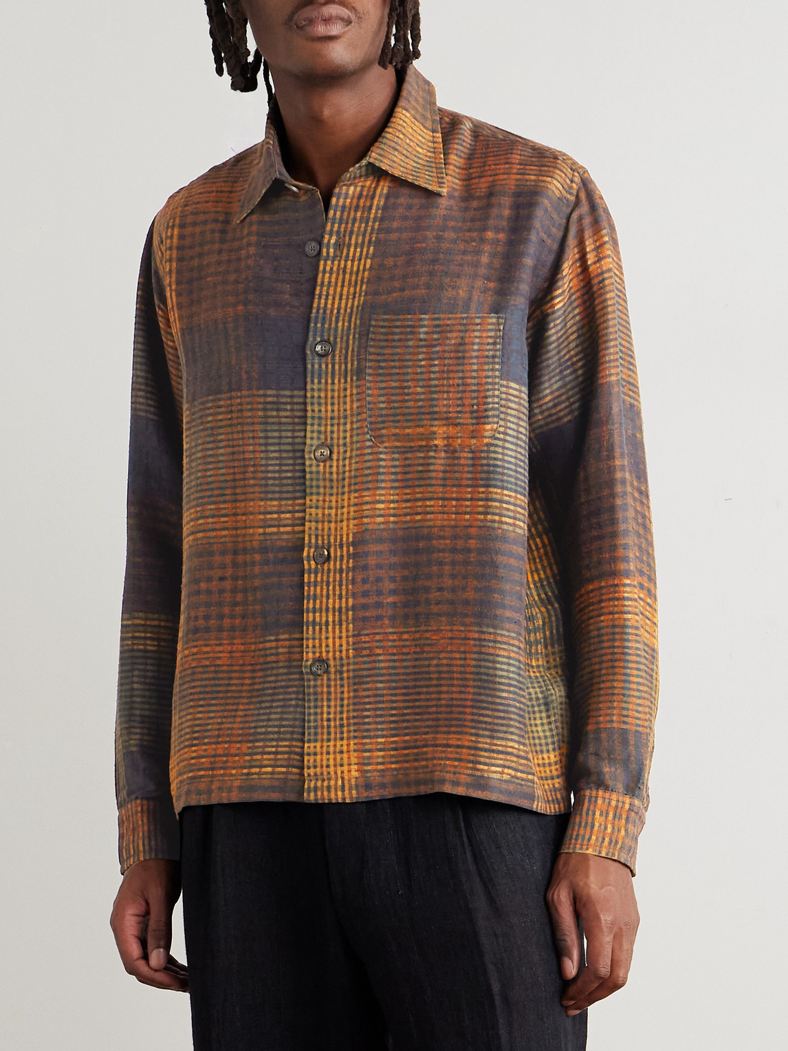  Kartik Research - Box Checked Silk Shirt - Men - Brown - L 