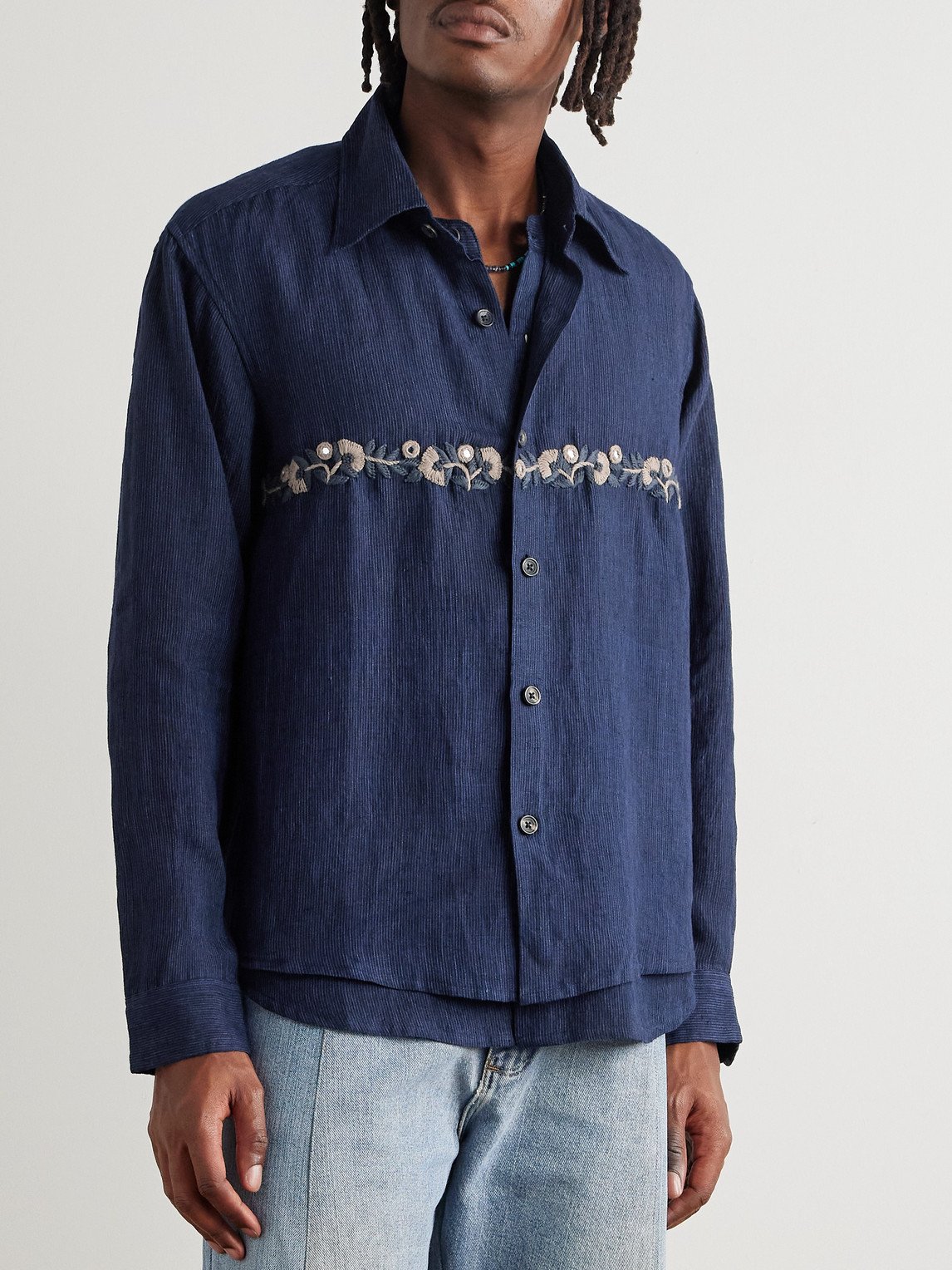  Kartik Research - Layered Appliquéd Embellished Embroidered Pinstriped Linen Shirt - Men - Blue - Xl 